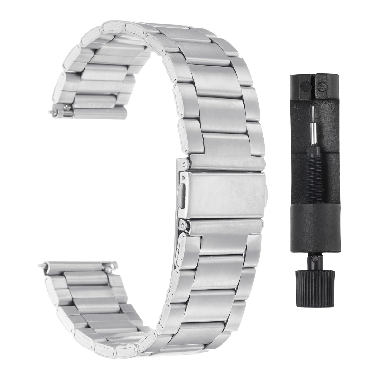 QUARKZMAN 20 mm paski do zegarków ze stali nierdzewnej z metalowym zapięciem motylkowym z metalową powłoką z solidną stalą łańcuchową Quick Release z adapterem Silver Tone