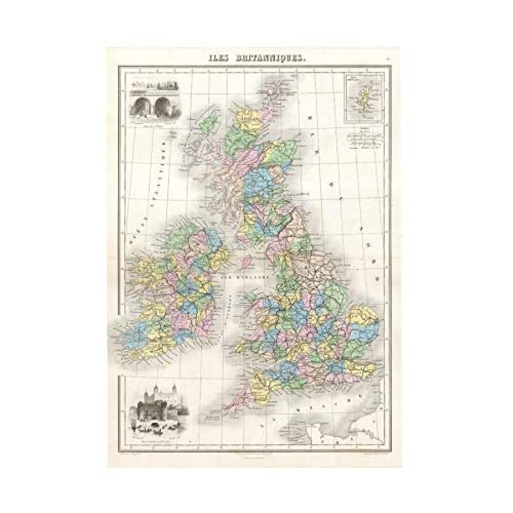 Wee Blue Coo Map 1878 Migeon British Isles England Ireland Scotland Wall Art Print