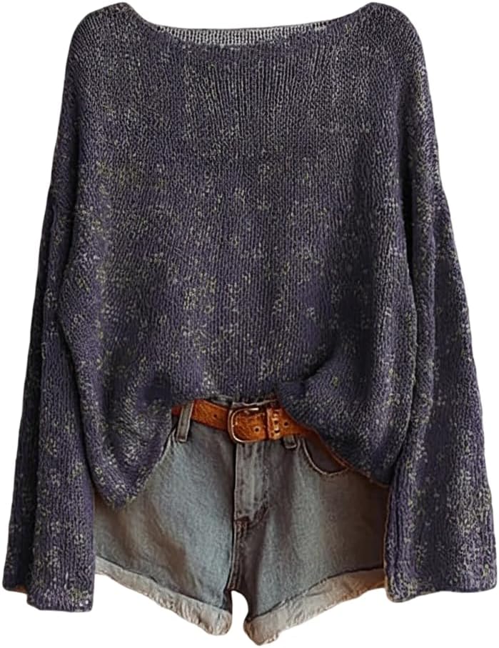 Women's Oversized Crewneck Knit Sweater Boho Long Sleeve Pullover, Soft Lightweight Loose Fall Winter Casual Daily Top