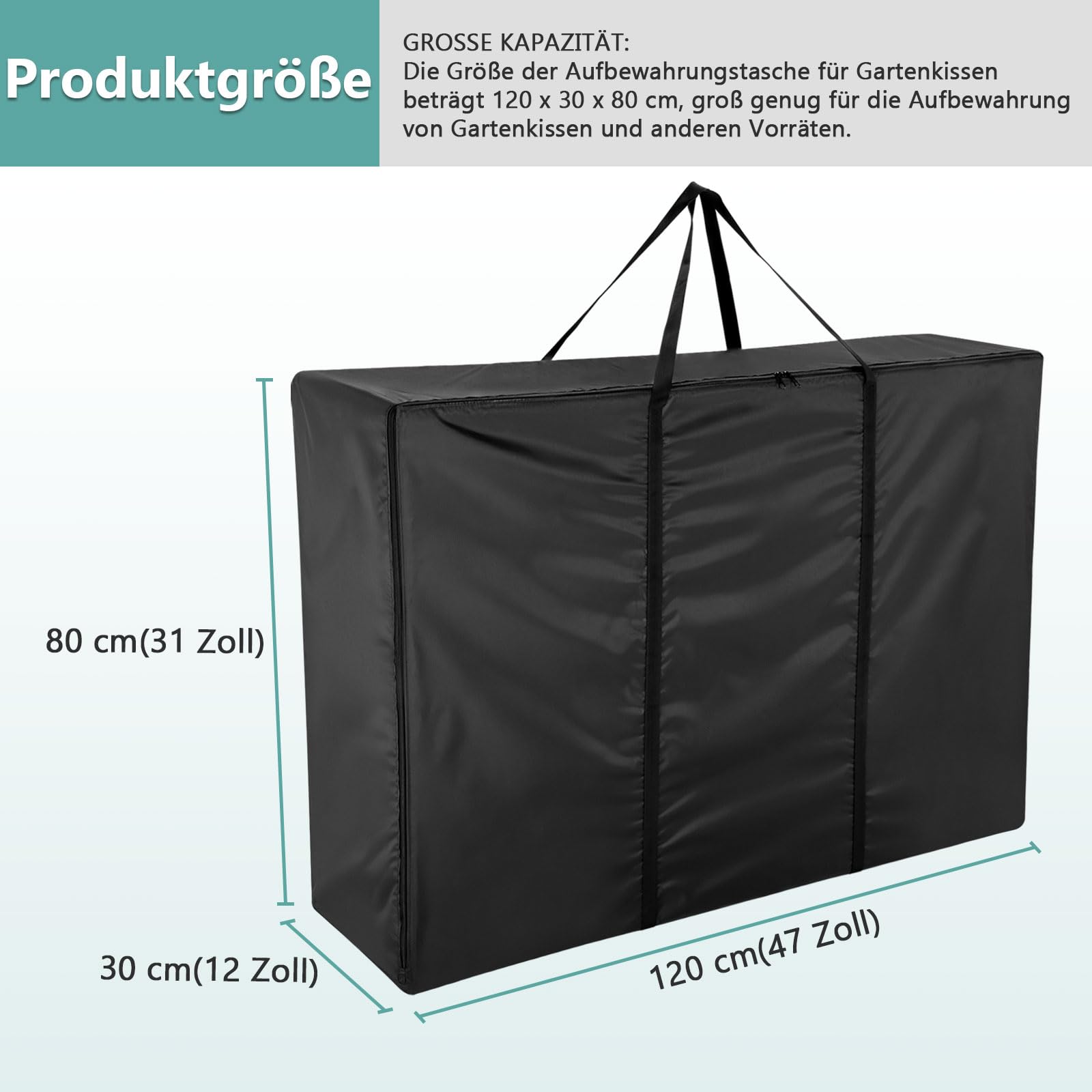 Aufbewahrungstasche Gartenauflagen, Wasserdicht 420D Auflagentasche für Gartenpolster Polsterauflagen mit Reißverschluss und Griffen, Große Aufbewahrung Tasche-Schwarz(120x30x80cm)