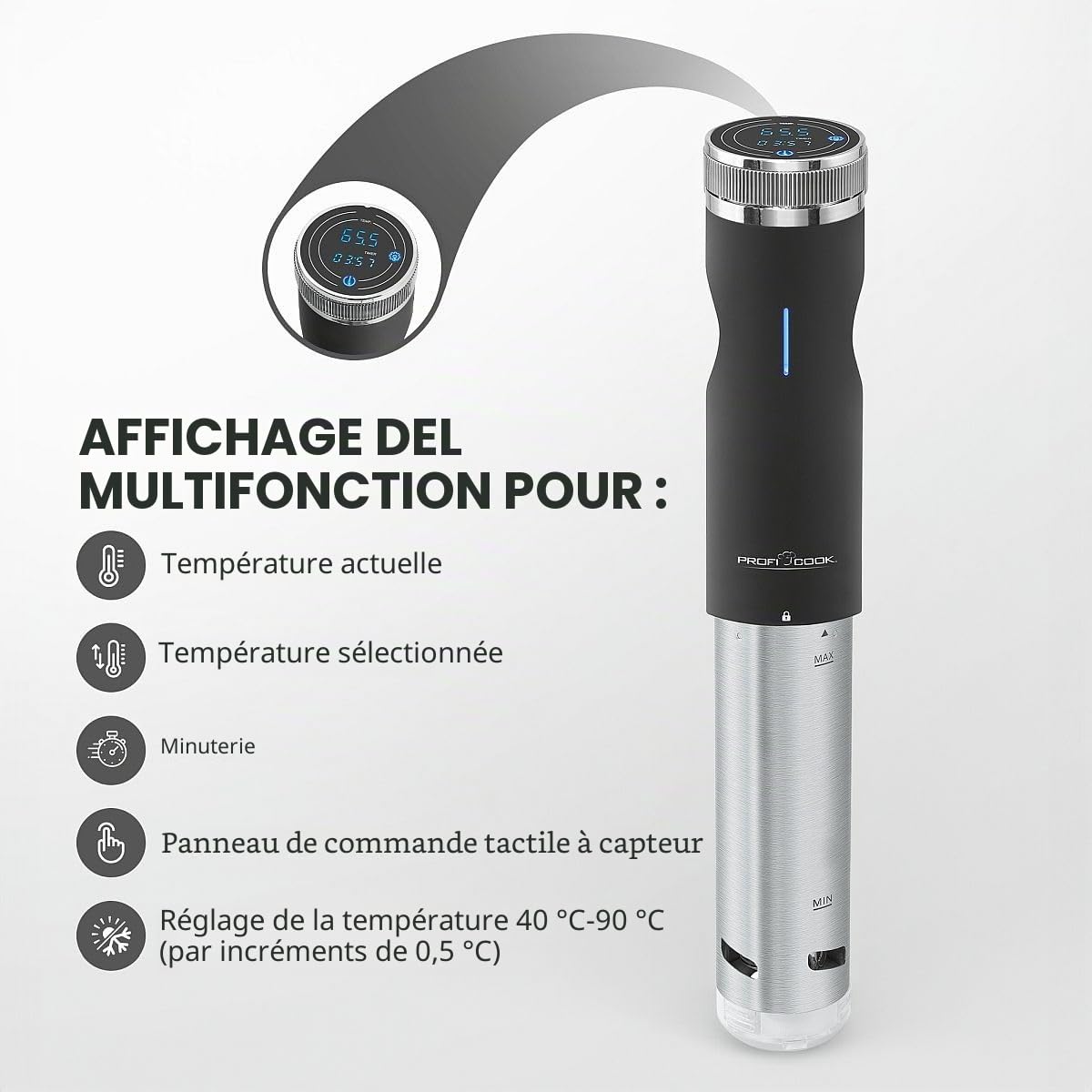 ProfiCook® Sous Vide Stick | funzione yogurt, scongelamento in caldo | fino a 90°C | slow cooker | morsetto di fissaggio | display tattile | alloggiamento in acciaio inox | PC- SV 1126
