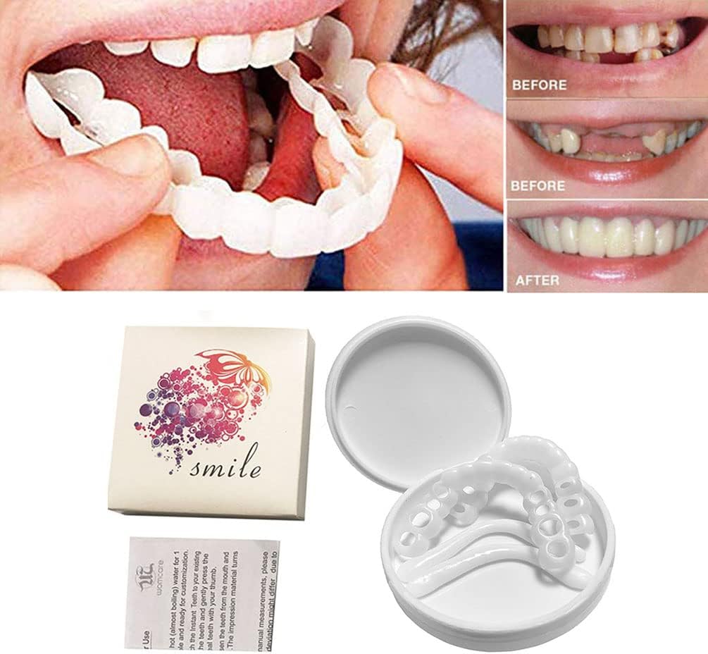 Denture Veneers Temporary Tooth Repair Kits Perfect Fake Teeth and Whitening Alternative for Snap on Instant & Confidence Smile (1Upper + 1Lower + 2Adhesives） : Health & Household
