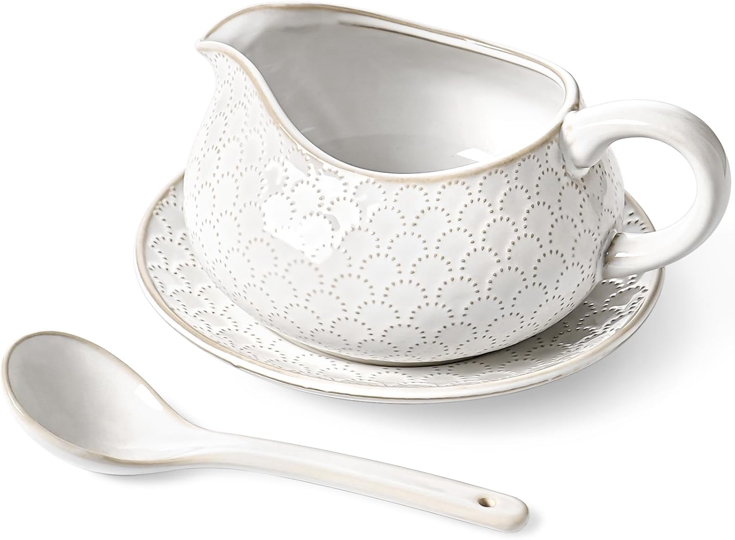 LE TAUCI Gravy Boat with Ladle and Saucer Stand 24oz, Ceramic Sauce Boat with Tray for Salad Dressings, Creamer, Broth, Black Pepper, Set of 1, Arctic White, Firework