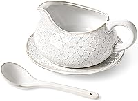 LE TAUCI 24oz Ceramic Gravy Boat with Ladle & Saucer - Embossed Arctic White for Gravy, Sauces, Broth