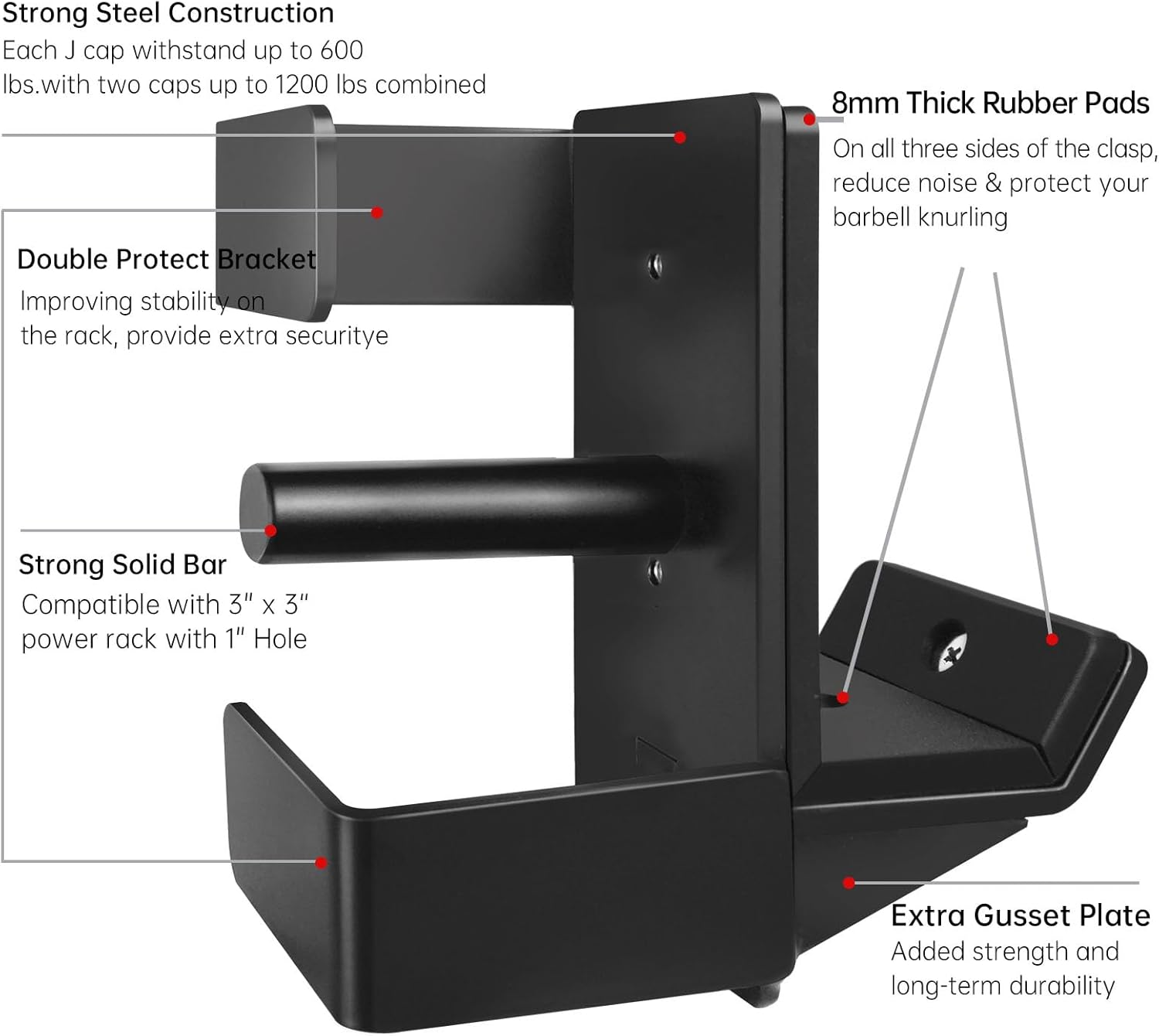 J Hooks for 3" x 3" Power Rack, Rubber Pad J-Hook for Power Cage, Bottom Reinforced Steel J Cups for Squat Rack