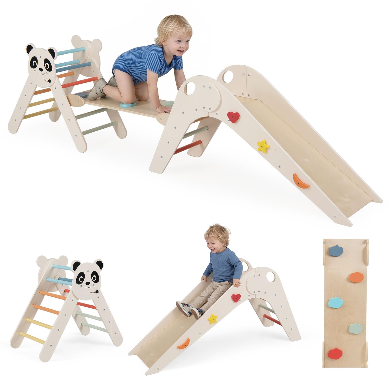 COSTWAY Kletterdreiecke Indoor 3er Set, klappabres Kletterdreieck mit Rutsche, Rampe, Kletterleiter, inkl. Baustein Set, Klettergerüst Holz, Sprossendreieck für Kinder ab 3 Jahr (Macaron)