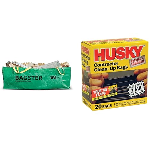 BAGSTER 3CUYD Dumpster in a Bag holds up to 3,300 lb, Green & Husky HK42WC020B 42-Gallon Polyethylene Resin Contractor Clean-Up Bags, 20 Count