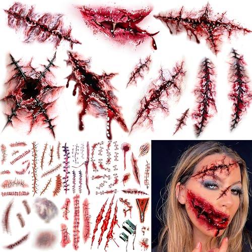 Image of 17 Sheets Scary Bloody Scar Tattoos Halloween Temporary Tattoos Face Stitch Wound Sticker, Realistic 3D Horrible Bite Scratch Fake Tattoos For Halloween Costume Vampire Zombie Makeup Party Accessories