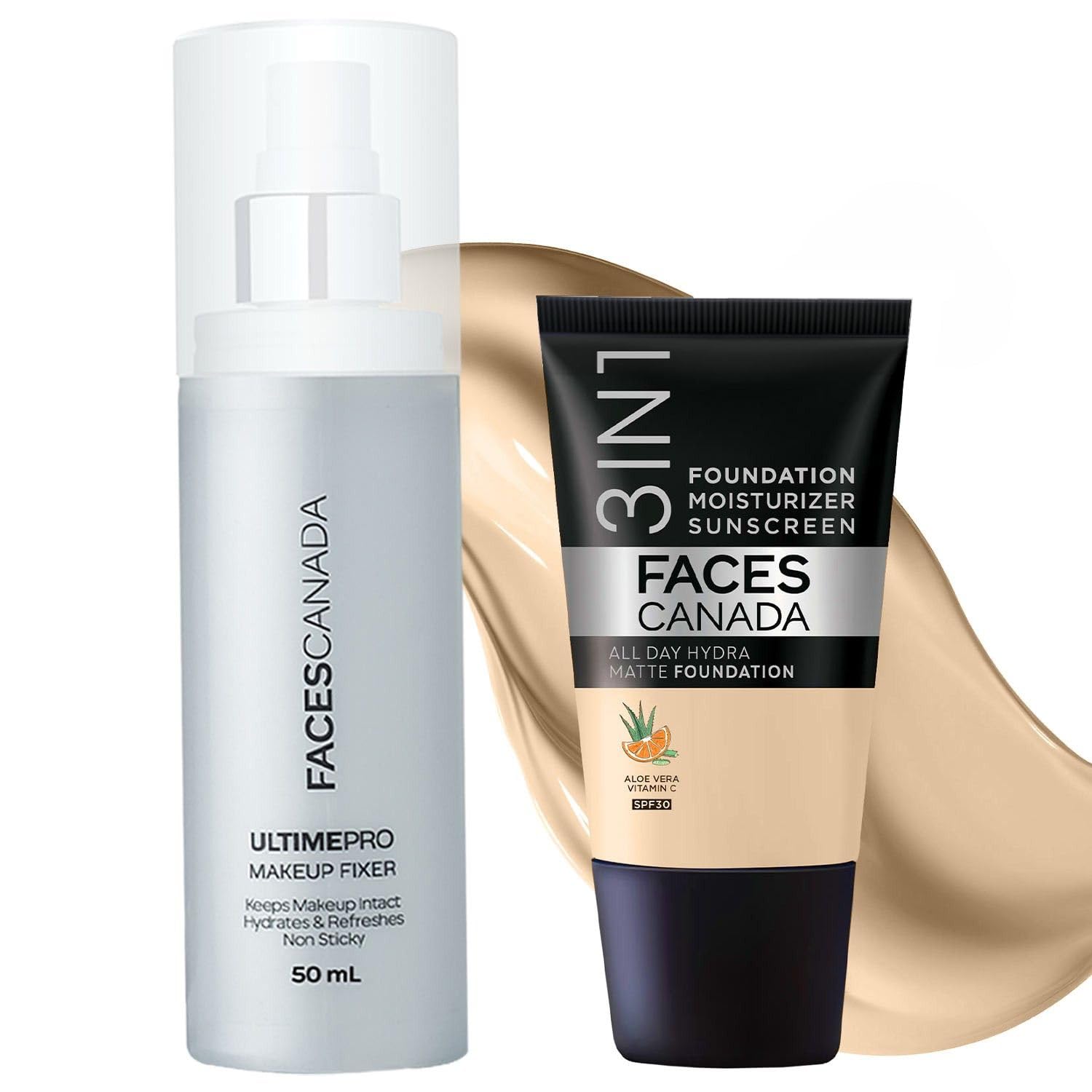 FACES CANADA Waterproof Fix & Finish Kit | Makeup Fixer (50ml) + Absolute Ivory All Day Hydra Matte Mini Foundation (18ml) | Makeup Kit For Women (Combo Pack of 2)