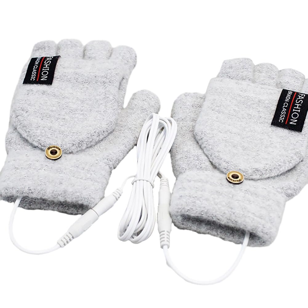 Women's & Men's USB Heated Gloves Knitting Hands Full & Half Heated Fingerless Heating Hands Warmer Design, Mitten Winter Hands Warm Laptop Gloves for Office Work Typing (Gray)