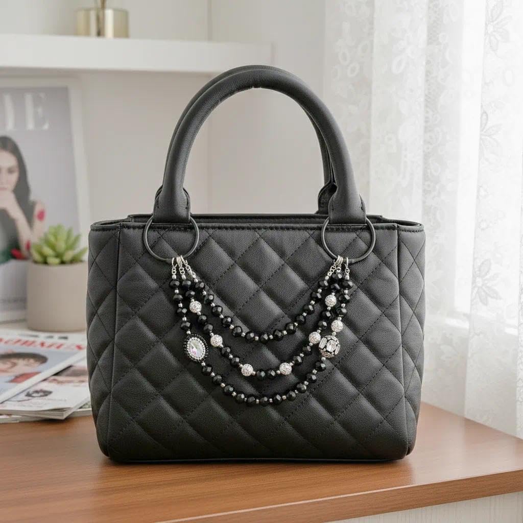 3-Tier Chain for Bogg Bag, Accessories for Bogg Bag, Sparkling Beads Decoration for Bogg Bag Charm, Rubber Beach Bag Tote Handbag Crossbody Shoulder Bag（Black） image 5