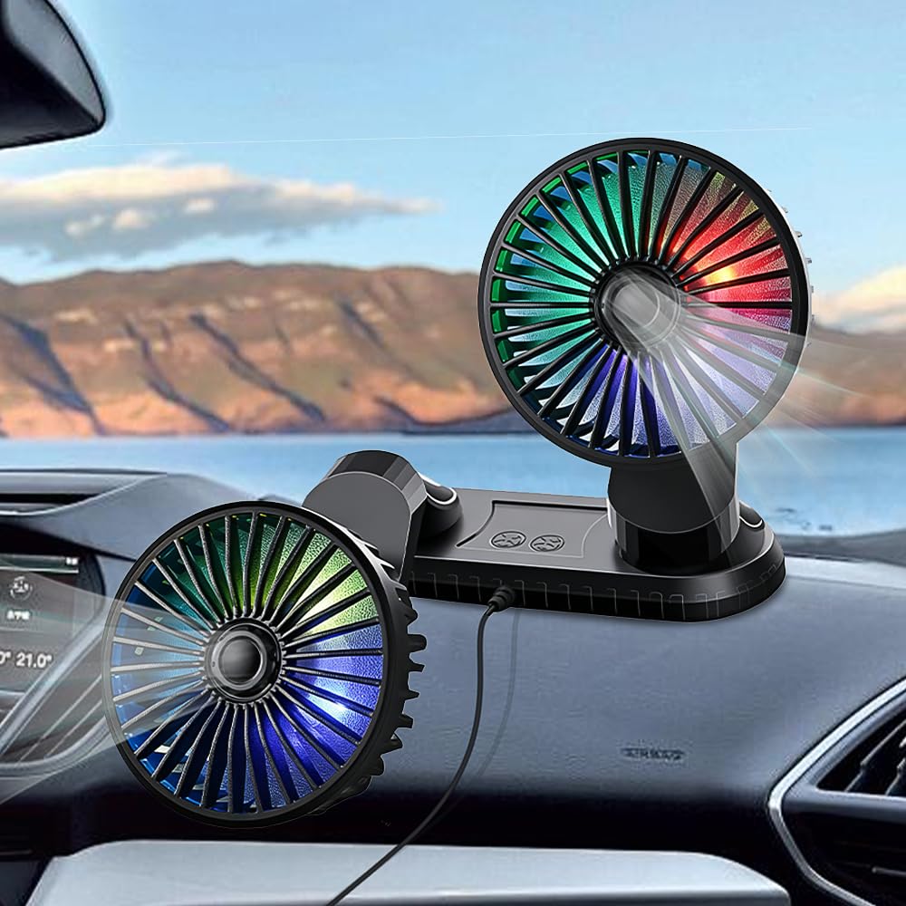 KQWVZ Car Cooling Fan, 5V 2A USB Car Fan Dual-Head with Color Light, Portable USB Car Fan with 360-Degree Rotation & 3Speeds, Folding Cooling Fan For Car, Portable Fan For Car Dashboard Home Office