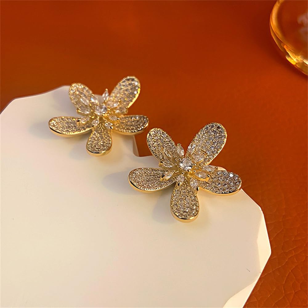 Luxury Big Flower Cubic Zirconia Crystal Statement Stud Earrings for Women Dainty 925 Sterling Silver Post Gold Plated Chunky Floral Large Studs Fashion Trendy Jewelry Wedding Birthday Gift Her - Image 4