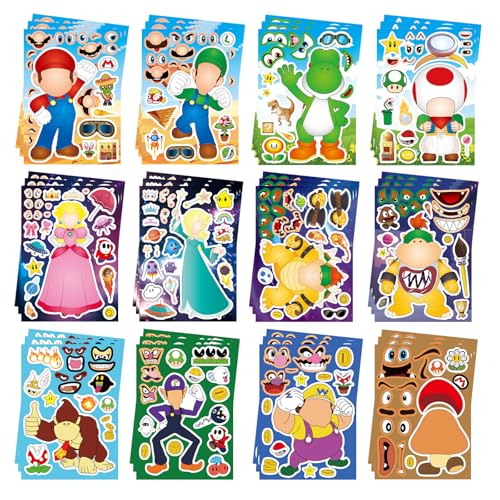 36 Pieces Make-a-face Stickers Pack Mixed & Matched with 12 Designed Characters(3 of Each) Stickers Make Your Own Stickers for Kids Teens Party Decoration Reward Decor Gift Idea 686