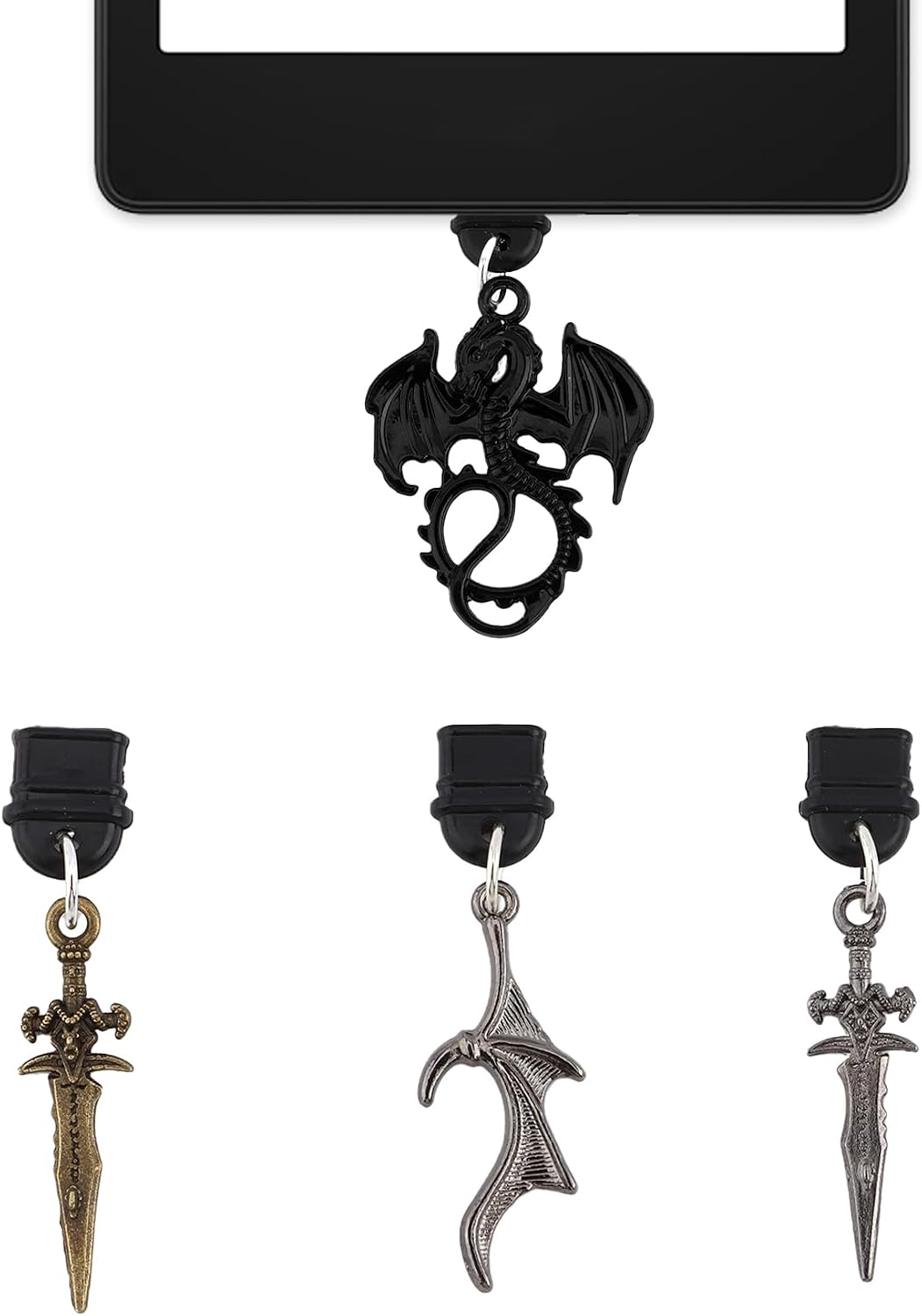 4PCS Kindle Dust Plug Charm,Book Lovers Gifts,USB C Dust Plug,Phone Charm Black,Dragon and Dagger Charging Port Cover for Phone Type C,Sword Dust Plug Charms for Kindles,Accessories for E-Reader Men