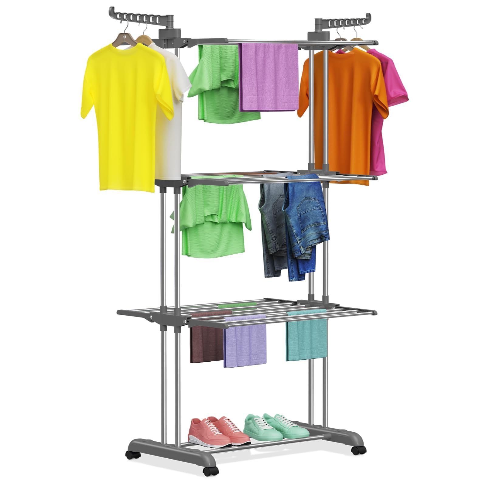 Innotic Etendoir Linge Intérieur et Extérieur, 4 Niveaux Séchoir à Linge Pliable, Seche Linge avec Roues, 172cm Gris