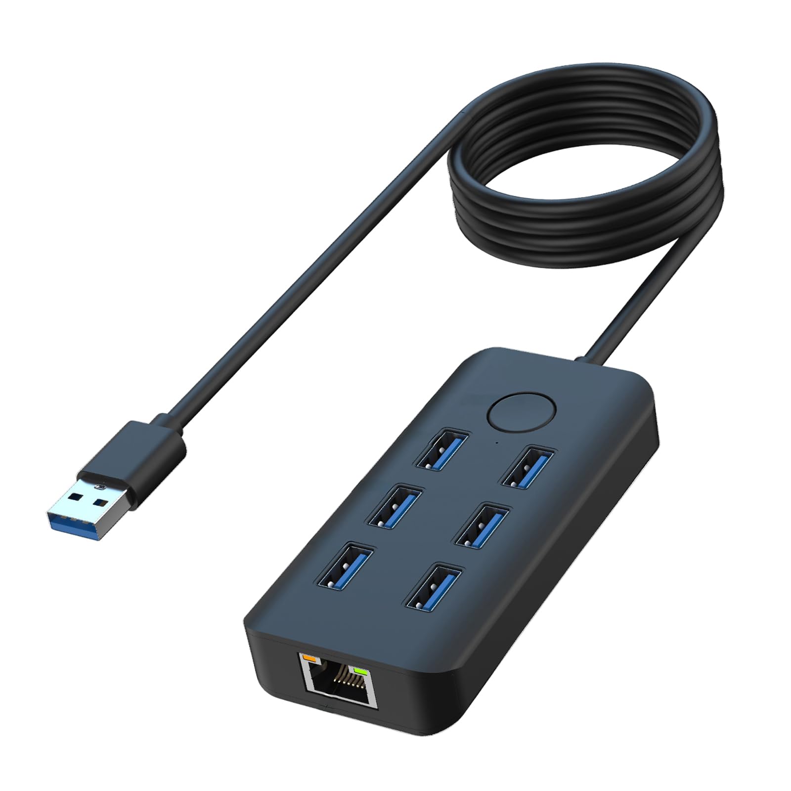 Adaptador divisor USB 3.0 portátil con tecnología de botón para 7 dispositivos, velocidad rápida de 5 Gbps, base de carga rápida USB/Ethernet