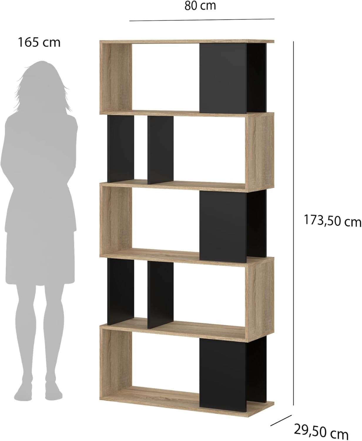 Diagram showing the dimensions of the Tvilum Twist 7 Shelf Bookcase: 80 cm width, 173.5 cm height, 29.5 cm depth.