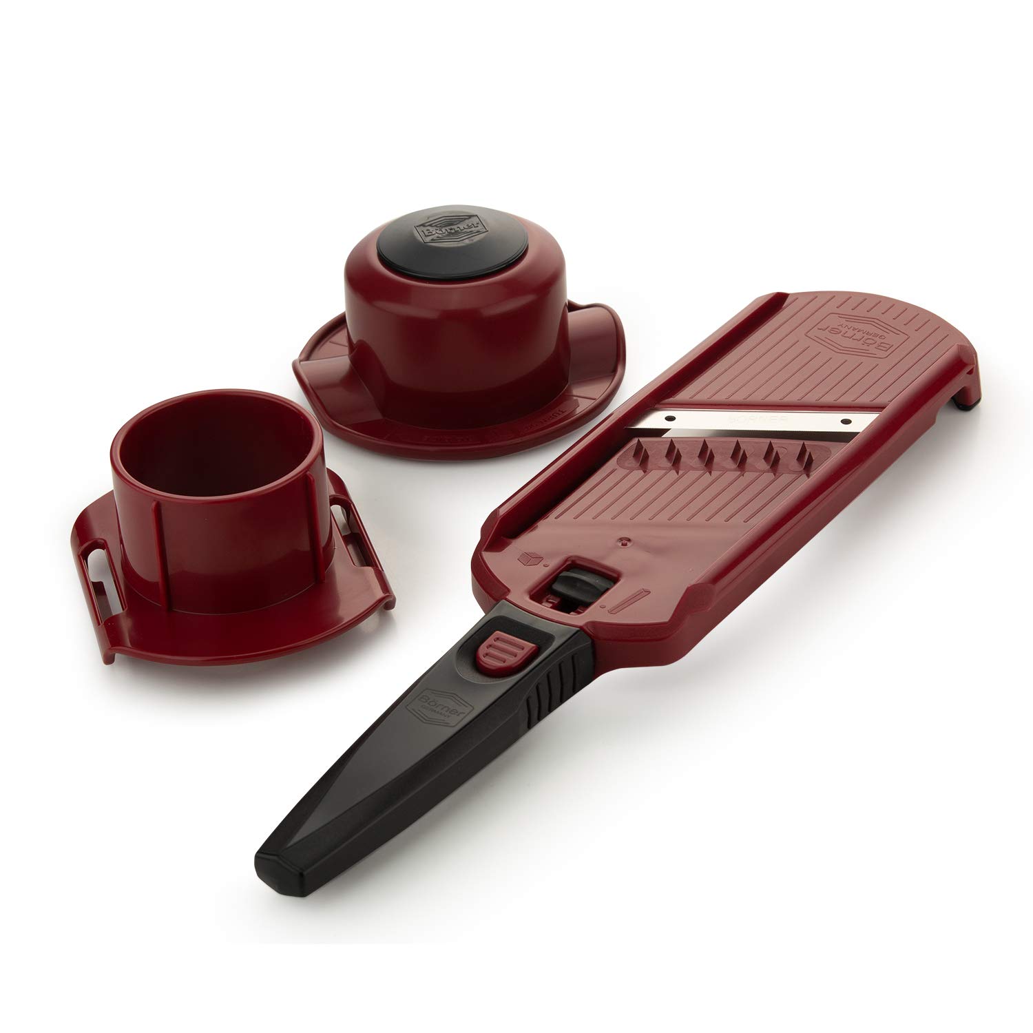 BörnerMulti Dicer Julienne Cutter Set • Vegetable Mandoline for Fruit and Vegetables • 2 Types of Cut • Julienne Slicer + Safety Guard + Dicing Attachment • Kitchen Slicer Set (Red/Black)
