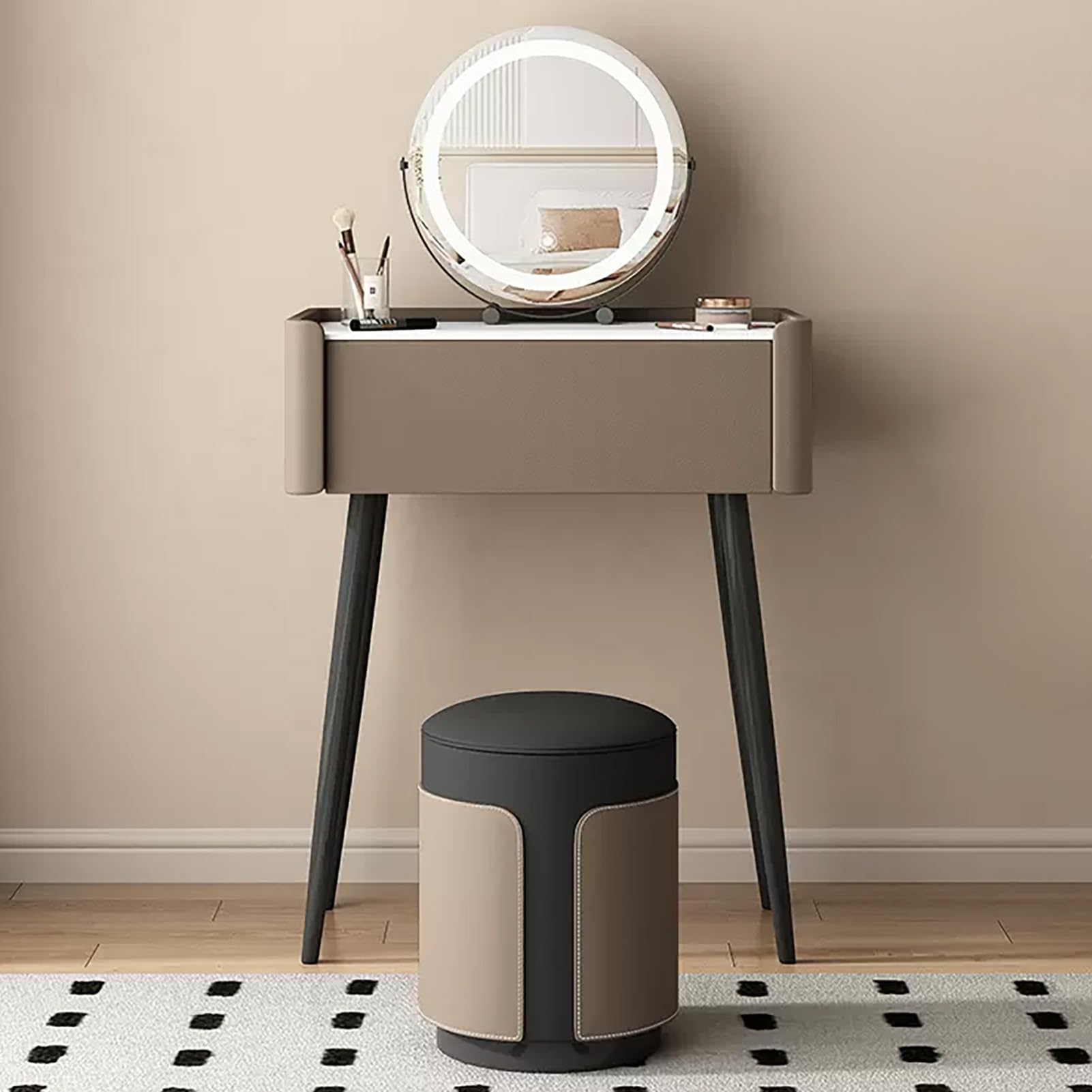 asdchZen Stylish Makeup Vanity Set With Rotatable Mirror, Narrow Dressing Table, Brown Microfiber Leather Desk & Cushioned Stool, Metal Legs-60Cm/23.6In,Brown-70cm/27.5in