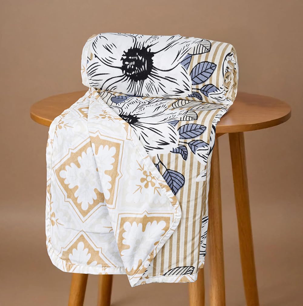 BSB HOME All-Season AC Dohar for Double Bed | 100% Microfiber | Lightweight Breathable Reversible 2 Layer Dohar Blanket for Summer & Air-Conditioned Rooms - Traditional Prints, White and Grey