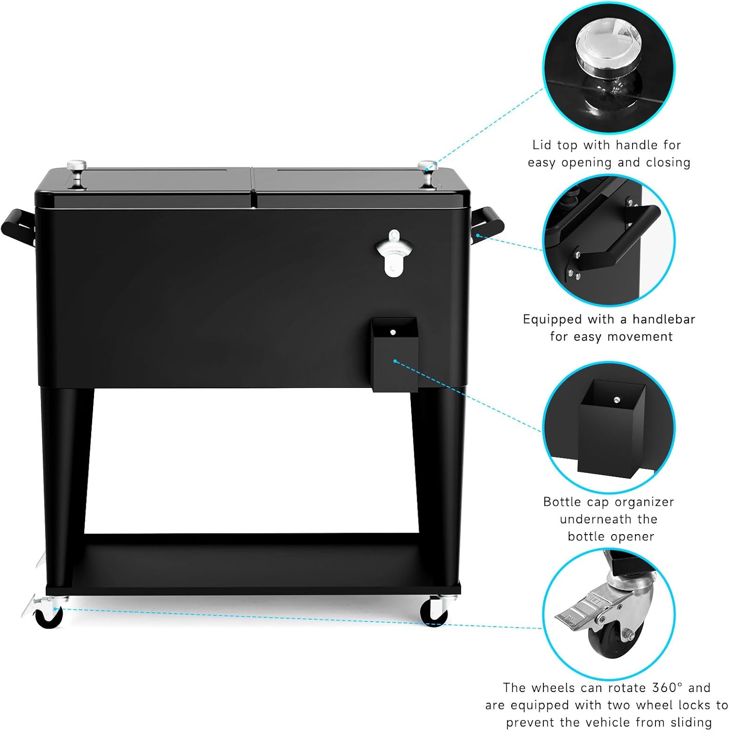 80 Quart Rolling Ice Chest Cart, Portable Outdoor Beverage Cooler with Bottle Opener & Cap Collector & Storage Shelf for Patio Party & BBQ & Beach Activities(Black)