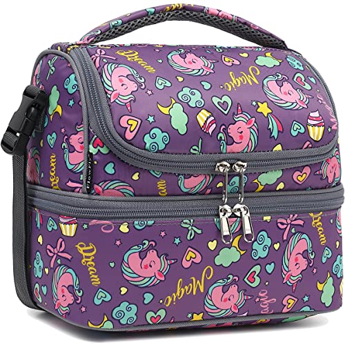 FlowFly Double Decker Cooler Insulated Lunch Bag Large Tote for Boys, Girls, Men, Women, With Adjustable Strap (Purple-Unicorn)