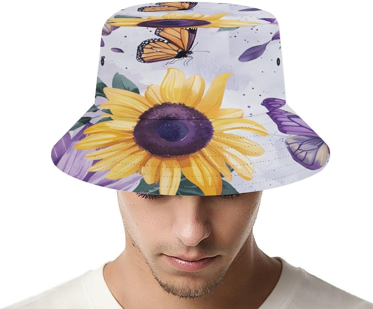 Butterfly Purple Sunflowers Bucket Fisherman Hat Sun Hats for Women Outdoor Summer Travel Beach Caps
