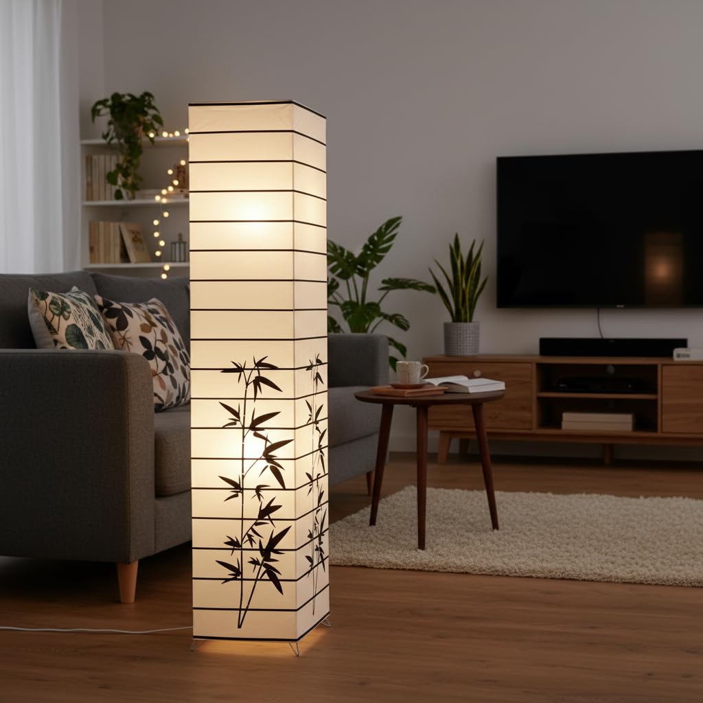 Trango 1212 Design Stehlampe *JAPAN* Reispapierlampe *HANDMADE* Wohnraumlampe in weiß mit Deko-Stäben & Bambus- Motiv inkl. 2x E14 Fassung Form: eckig, Höhe: ca. 123cm Stehleuchte ohne Leuchtmittel