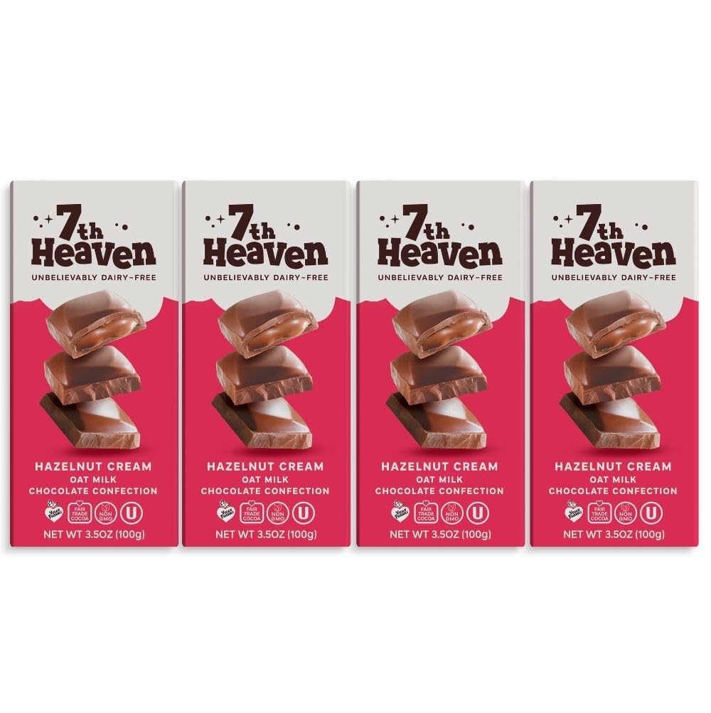 7th Heaven, Vegan Hazelnut Cream Oat Milk Chocolate Bar (3.5oz Full Size Candy Bars - 4 Packs) - Perfect for Easter Candy, Plant Based Dairy Free Chocolate with Peanut Butter Filling, Fair Trade Cocoa & Coconut Oil, Kosher Parve