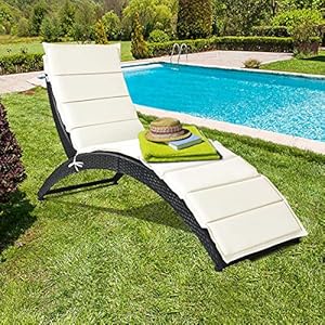 Tangkula foldable patio lounge chair outdoor rattan lounger chaise portable patio chaise with cushion all weather wicker furniture for garden lawn balcony backyard poolside 1 beige  urban country home decor