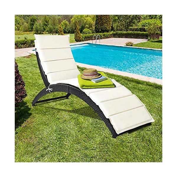 Tangkula foldable patio lounge chair outdoor rattan lounger chaise portable patio chaise with cushion all weather wicker furniture for garden lawn balcony backyard poolside 1 beige  urban country home decor
