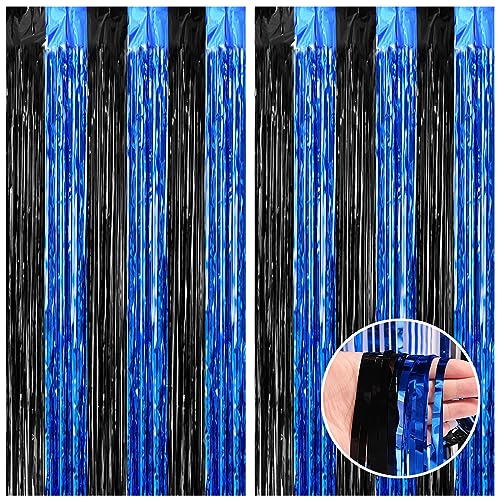 CANREVEL 2 Pack Black Blue Streamers Backdrop Curtain Birthday Decorations