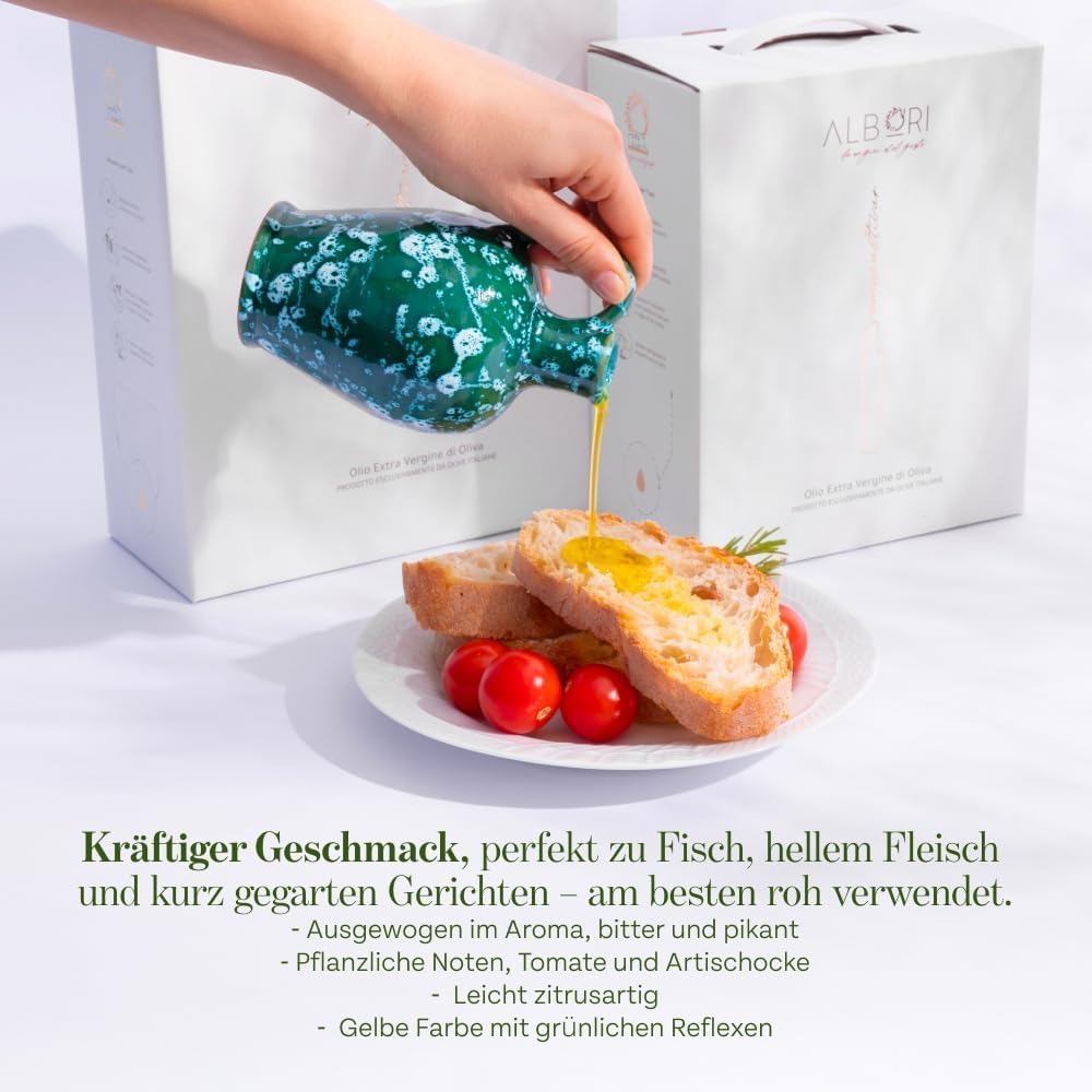 ALBORI Peranzana- Olivenöl 5 Liter NEU 2025/2026 Italienisch Extra Nativ Apulisches Kaltgepresst Monokultivar in Kartonbox Ohne Umfüllen, Intensiven Fisch Fleisch Gemüse Verschwendungsfreier Ausgießer