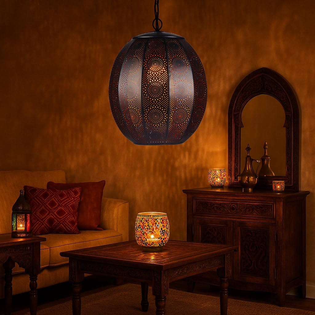 Orientalna lampa wisząca czarna Konoos 35 cm, oprawka E27, marokańskie wzornictwo, lampa wisząca z Maroka, orientalna lampa do salonu, kuchni lub wisząca nad stołem jadalnym