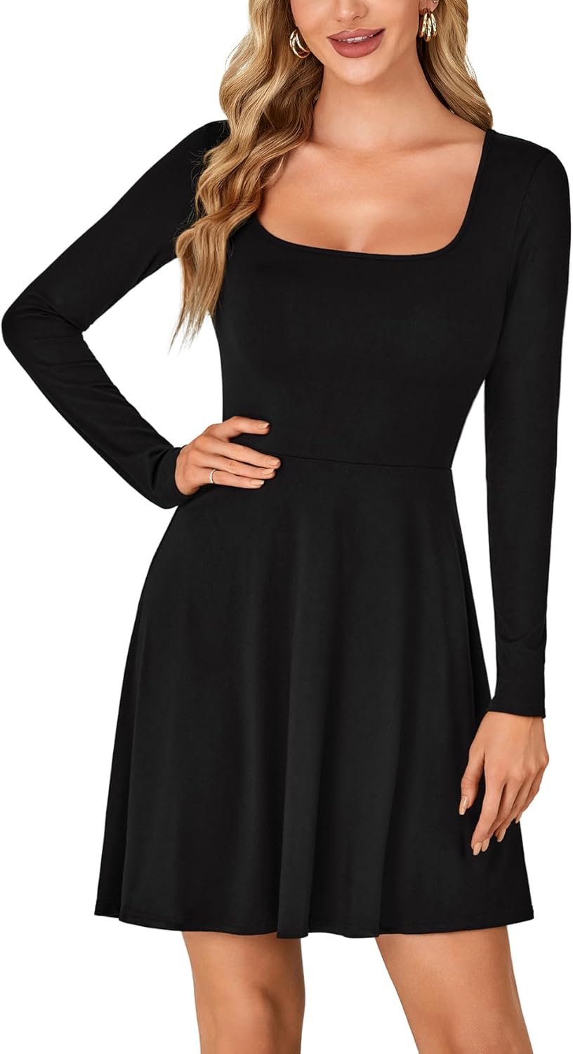 LYANER Women's Long Sleeve Mini Dress Loose Casual Empire Waist Above Knee Length Dresses