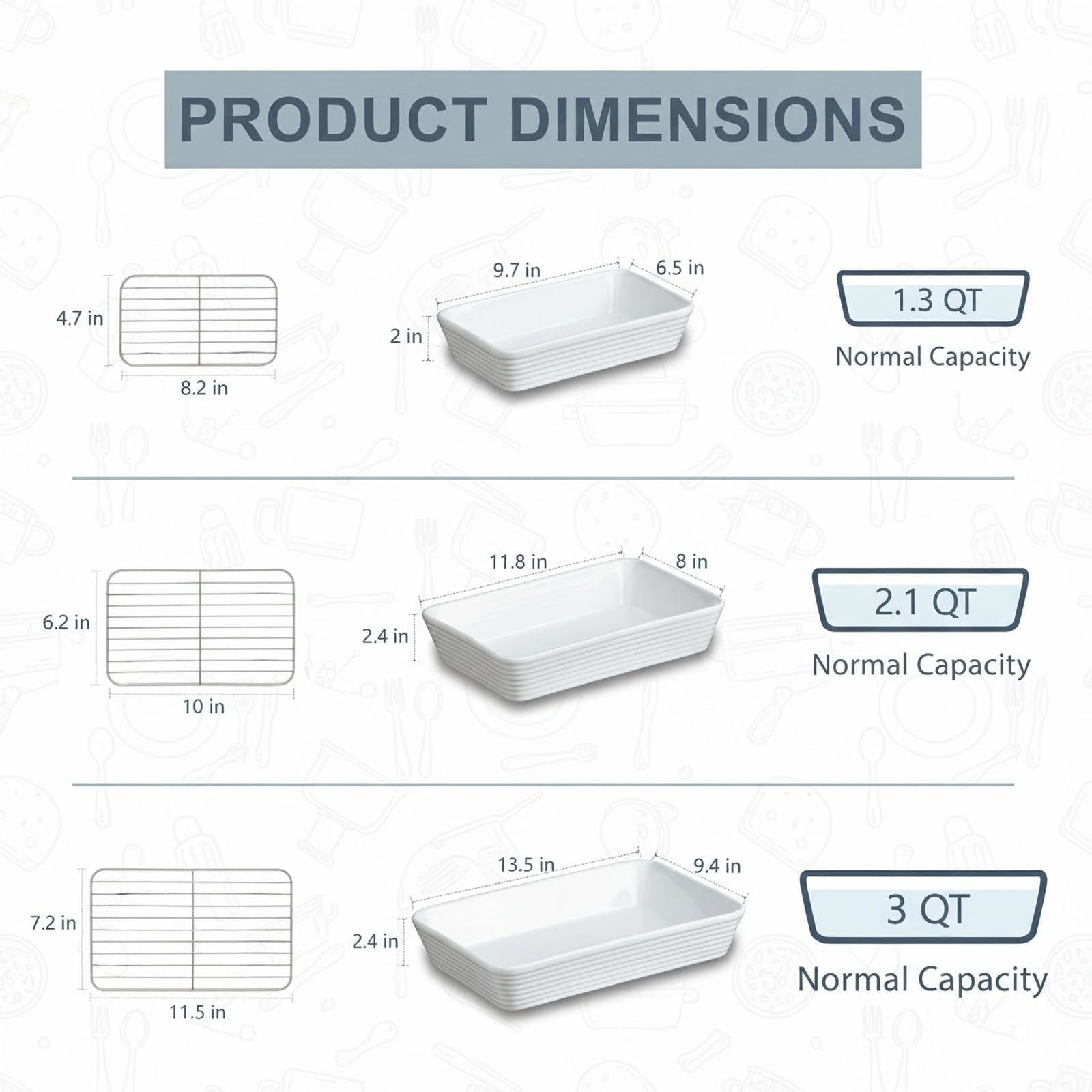 ONEMORE Set di 3 Pirofile in Ceramica con Griglia | Teglie Rettangolari per Forno | Ideali per Lasagne, Tiramisù, Sformati e Gratinati | 3 Dimensioni: 2,8L, 2L, 1,2L
