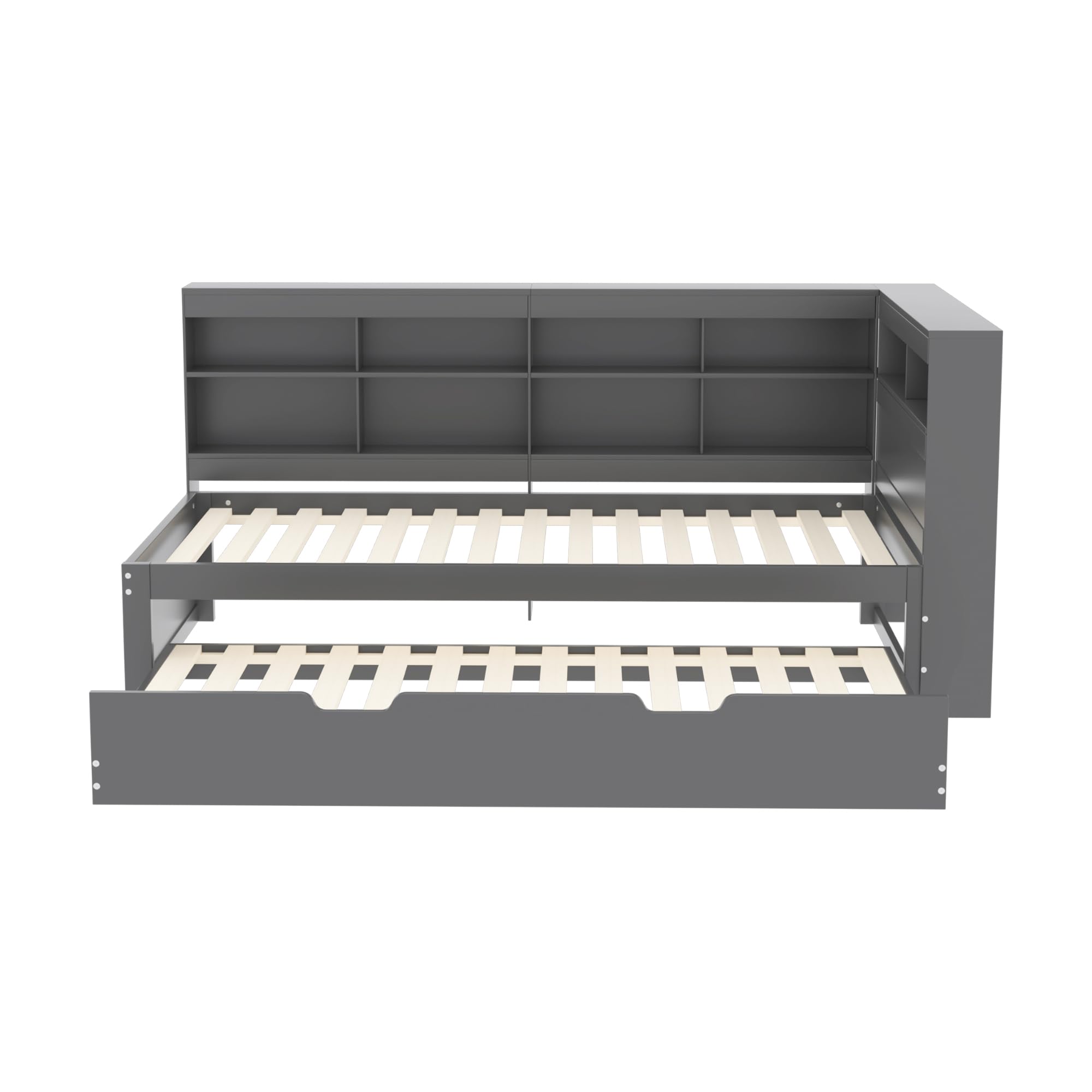 MYBOO Tagesbett Schlafsofa 90x200 cm, Holz Multifunktionsbett mit Ausziehbarem Bett 90x190 cm, USB-Steckdose und Mehreren Ablagefächern, Einzelbett Massivholzbett mit Lattenrost, Ohne Matratze, Grau