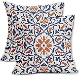 Navy Blue Orange Boho Pillow Covers 18 X 18 Inch Bohemian Ethnic Carpet Style Vintage Flower Print Decorative Throw Pillows Outdoor Linen Cushion Case Farmhouse Decor for Home Sofa Bed Set of 2