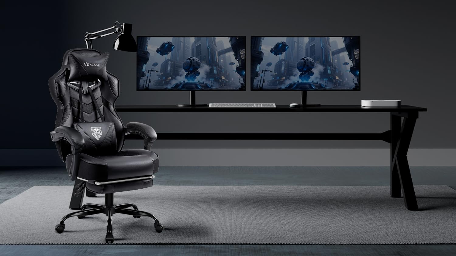 Vonesse Gaming Chair, High Back Gaming Chair with Footrest and Massage, Gaming Chairs for Adults with Pocket Spring Cushion, Big and Tall Reclining Computer Chair with Lumbar Support (): Classic Black