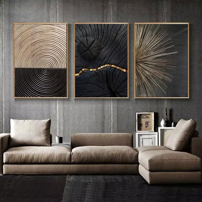 Peinture sur toile pour salon moderne avec lignes abstraites noires et dorées triptyque chic