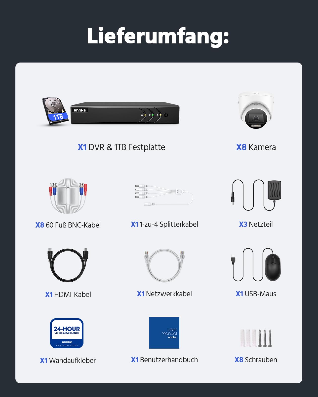 ANNKE 3K Lite 8 Kanal DVR Recorder, 8x1080p Farb-Nachtsicht Überwachungskamera Aussen Set mit 1TB Festplatte, Personen- & Fahrzeugerkennung, Intelligente Suche/Wiedergabe, IP67 Wetterfest