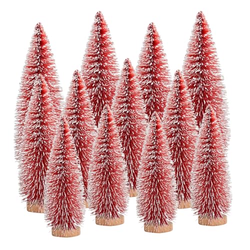 12 Pcs Mini Christmas Tree, Tabletop Christmas Tree with Wooden Bases Artificial Mini Tree with 3 Sizes Christmas Table Decor Bottle Brush Trees for Christmas Decorations (Red)