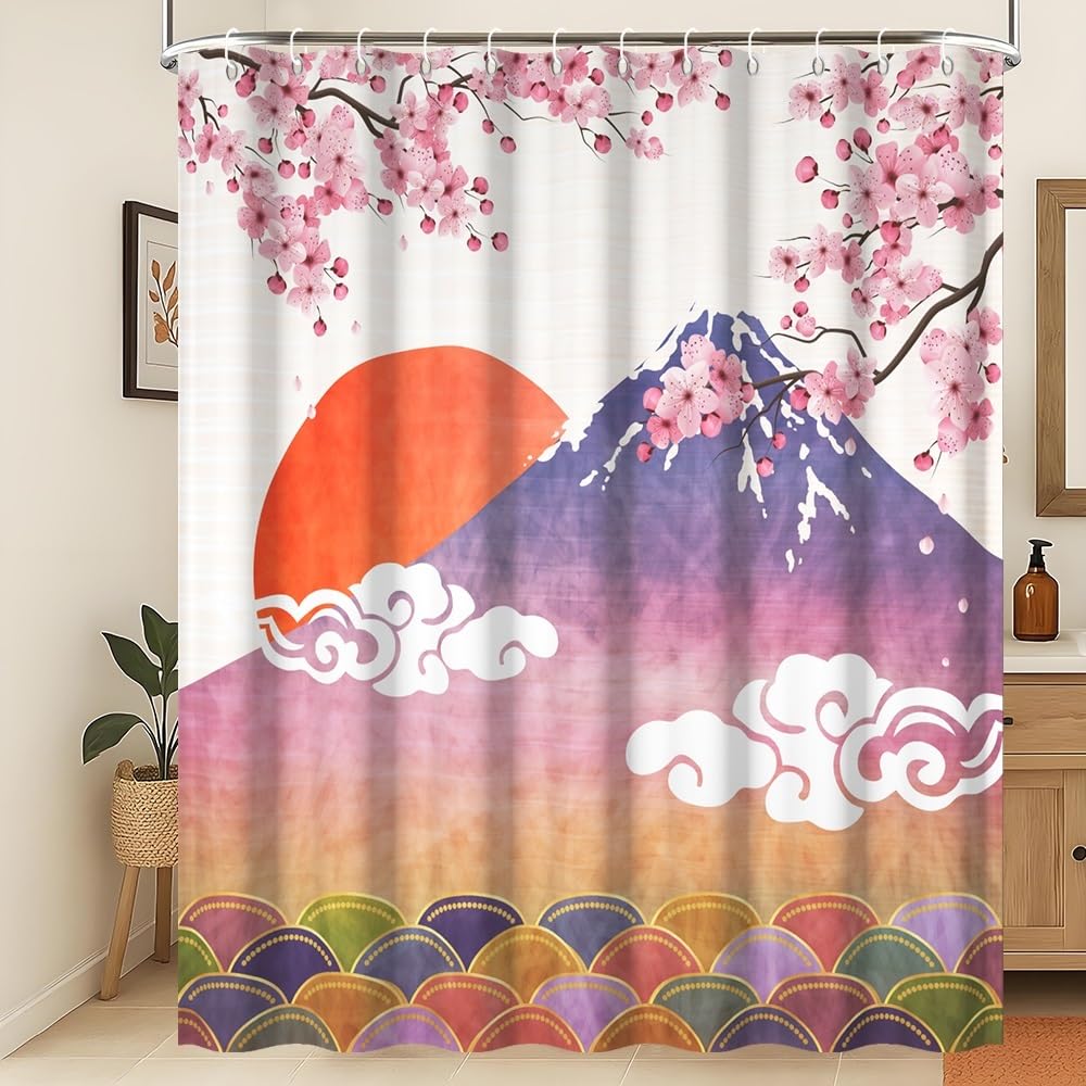 Xiaoterna Traditional Japanese Painting Shower Curtain Japanese Cherry Blossom Bathroom Curtain Watercolor Spring Fuji Mountain Cherry Blossom Burgundy Sun Cloud Shower Curtain 180x220cm — image 1