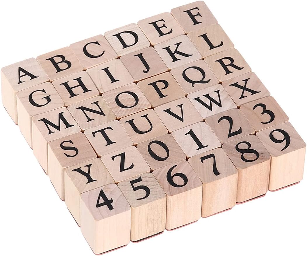 niCWhite Wooden Rubber Alphabet Letter Number Stamps Set, 36pcs Vintage Wooden Rubber Stamps