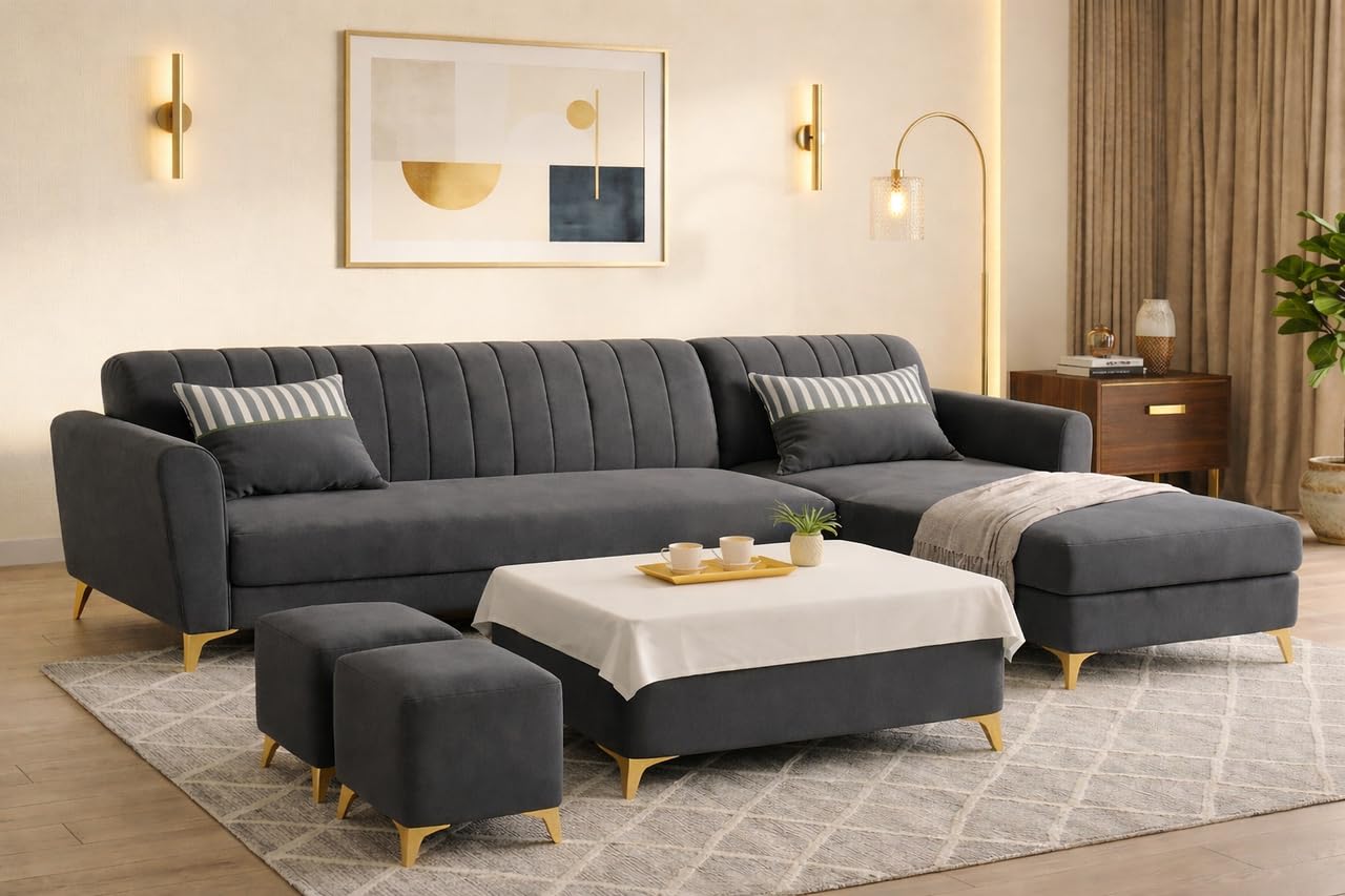Adorn India Premium Luster 8 Seater L Shape Sofa Set with 2 Puffy & 1 Center Table | Velvet Suede Fabric | 3-Year Warranty | RHS | Dark Grey with Golden Legs & Striped Pattern Cushion