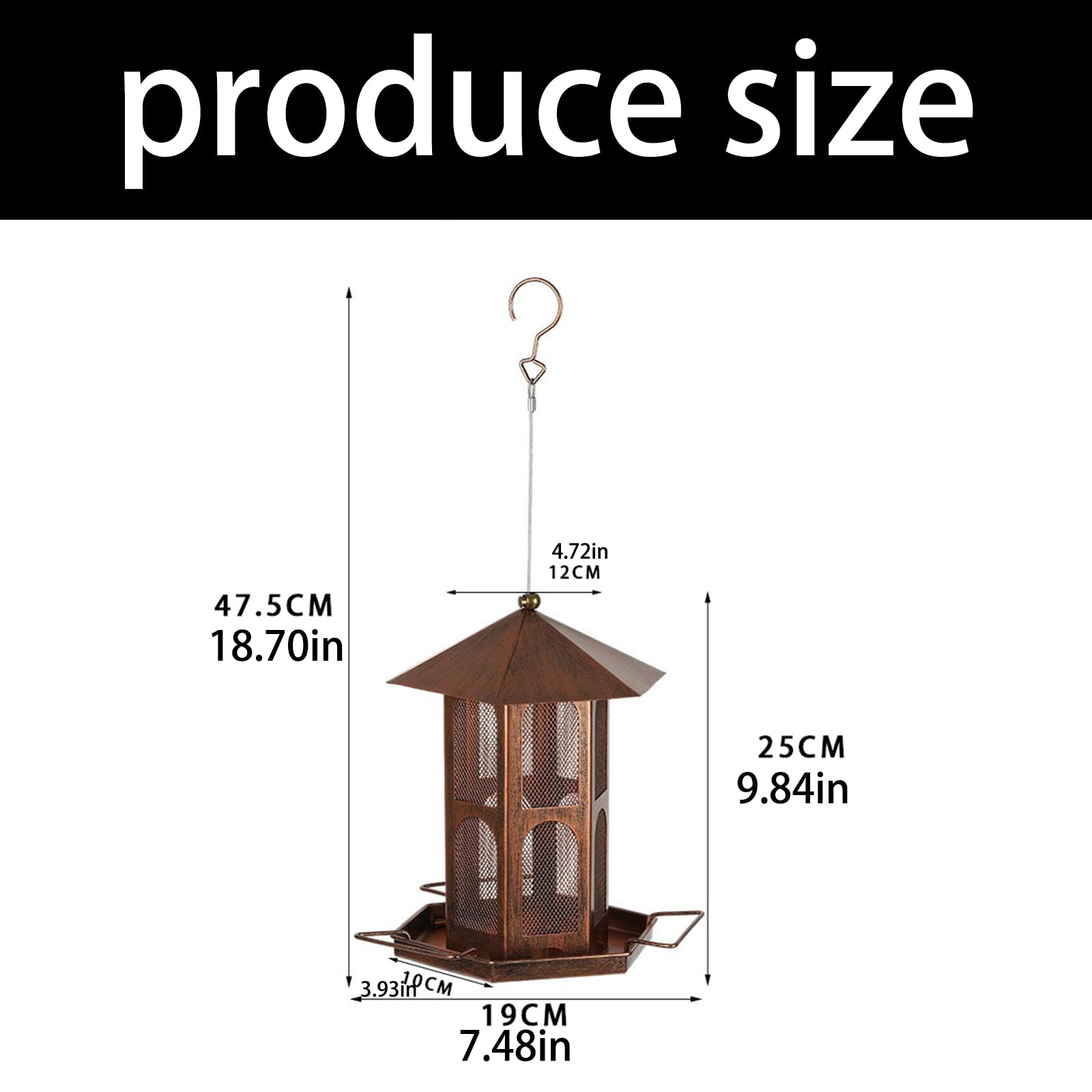 Mangiatoia per uccelli in rete per l ' alimentazione degli uccelli selvatici, supporto per alimenti sospeso con tetto e vassoio per trespolo per alberi da giardino o da patio, 19 cm / 7, 48 X 25