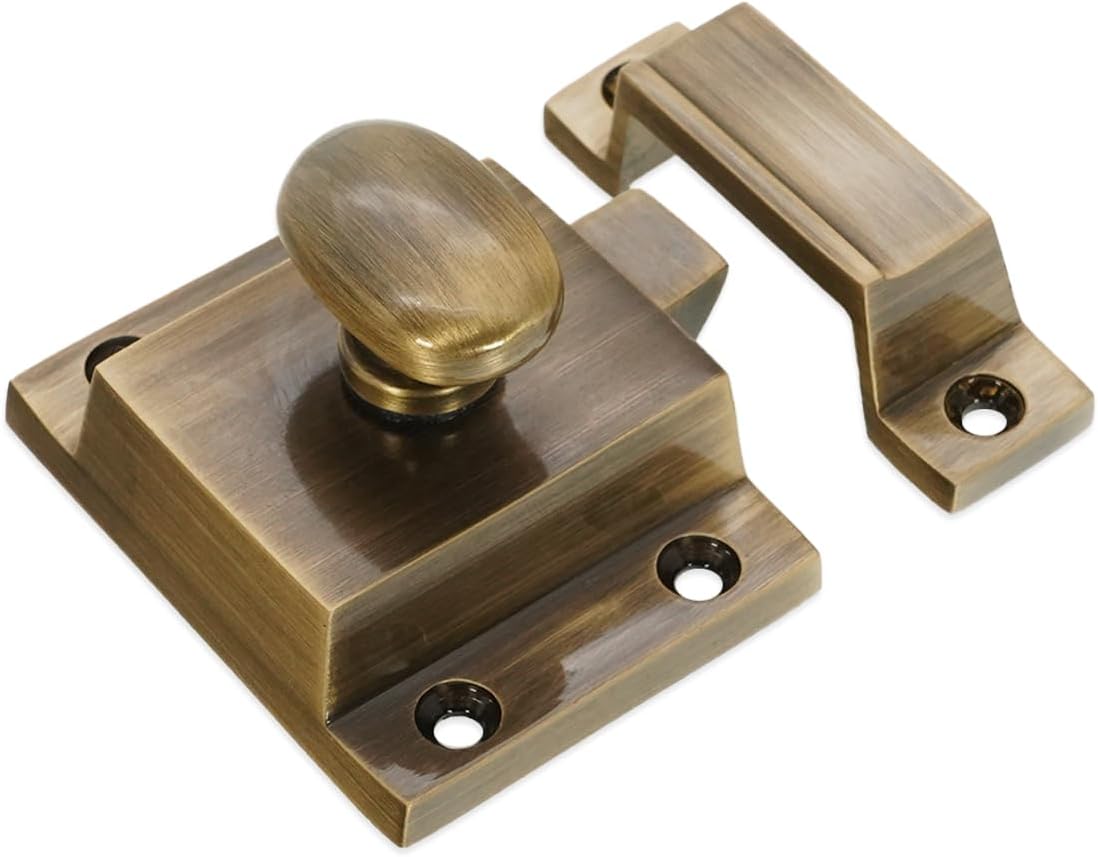 Infinity Decor Vintage Style Brass Cupboard Catch with Thumb Turn Knob Antique Brass Finish Latch Lock – Ideal for Cabinet Desk Drawer Doors