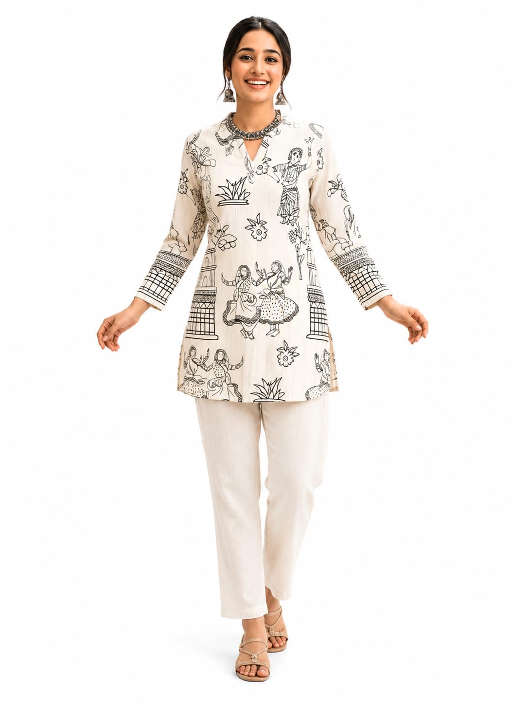 Women's Printed Tunic, Beige, Cotton Blend, Free Size, A-Line, Knee Length, Casual Wear-image-34