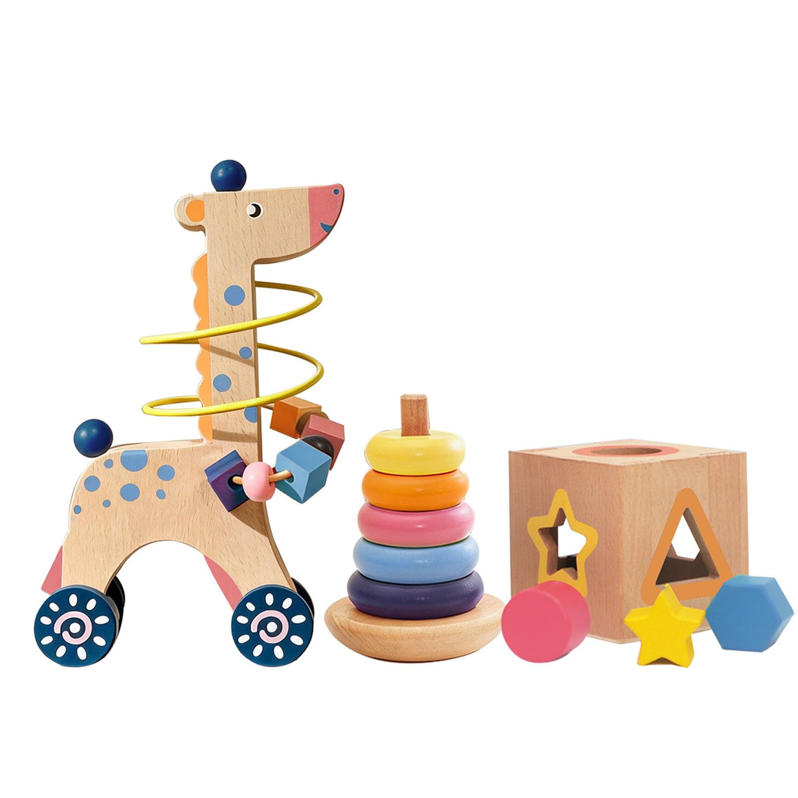 Labirinto di Perline in Legno Montessori, Impilatore ad Anelli e Cubo Porta Forme